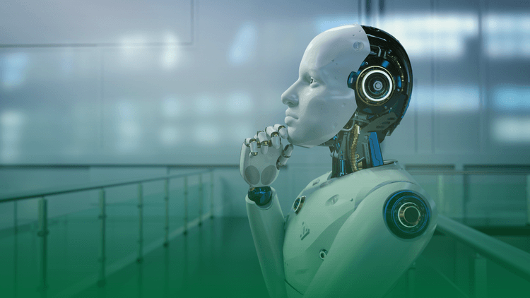Robô em posição pensativa, representando a aplicação da inteligência artificial generativa em ambientes corporativos e tecnológicos.