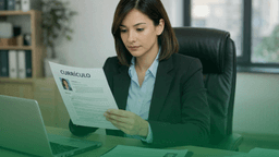Profissional de RH analisando um currículo em um escritório, o que representa o processo de verificação de currículos e histórico profissional.
