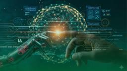 Mão humana tocando mão robótica. Um globo digital e painéis holográficos flutuam no fundo com termos que ilustram a fusão da tecnologia com o trabalho humano na análise de dados dentro da gestão de terceiros.