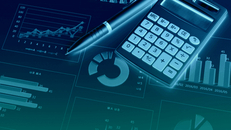 Imagem com gráficos de análise financeira e de dados, incluindo um gráfico de linha, um gráfico de barras, um gráfico de rosca e uma calculadora, todos com uma tonalidade azul predominante, transmitindo uma temática de análise de dados e finanças.