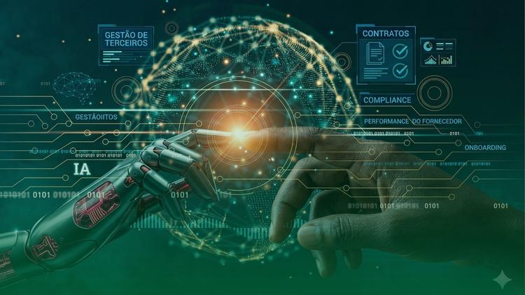 Mão humana tocando mão robótica. Um globo digital e painéis holográficos flutuam no fundo com termos que ilustram a fusão da tecnologia com o trabalho humano na análise de dados dentro da gestão de terceiros.