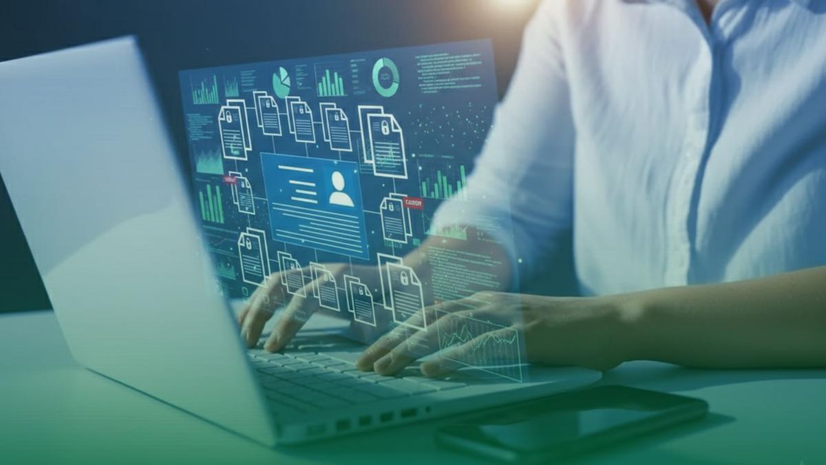 Profissional utilizando um notebook branco em um ambiente tecnológico. A tela reflete ícones flutuantes de documentos digitais com cadeados, gráficos de barras coloridos e linhas de dados codificados, representando a segurança e a precisão no processo de validação de dados