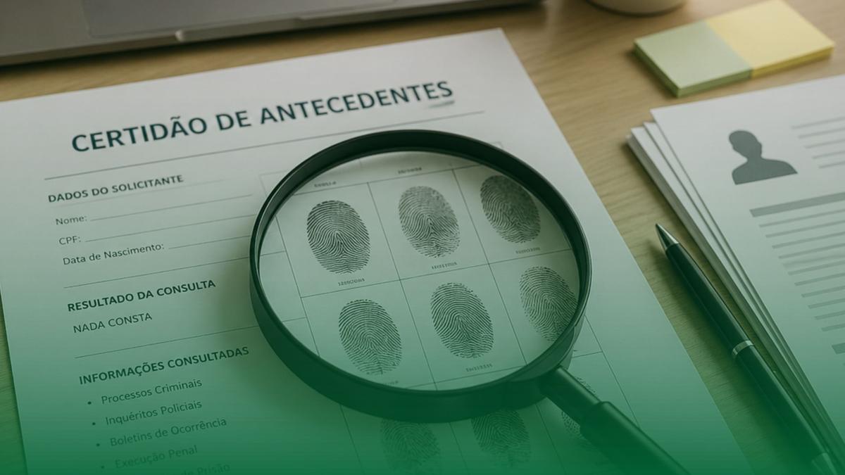 Documento de antecedentes criminais sobre uma mesa de trabalho de RH, com lupa ampliando impressões digitais, currículo, notebook e materiais de recrutamento, representando a consulta de dados criminais em processos de background check.