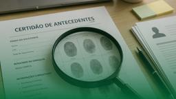 Documento de antecedentes criminais sobre uma mesa de trabalho de RH, com lupa ampliando impressões digitais, currículo, notebook e materiais de recrutamento, representando a consulta de dados criminais em processos de background check.