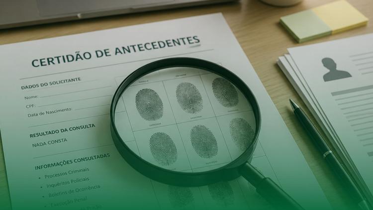 Documento de antecedentes criminais sobre uma mesa de trabalho de RH, com lupa ampliando impressões digitais, currículo, notebook e materiais de recrutamento, representando a consulta de dados criminais em processos de background check.