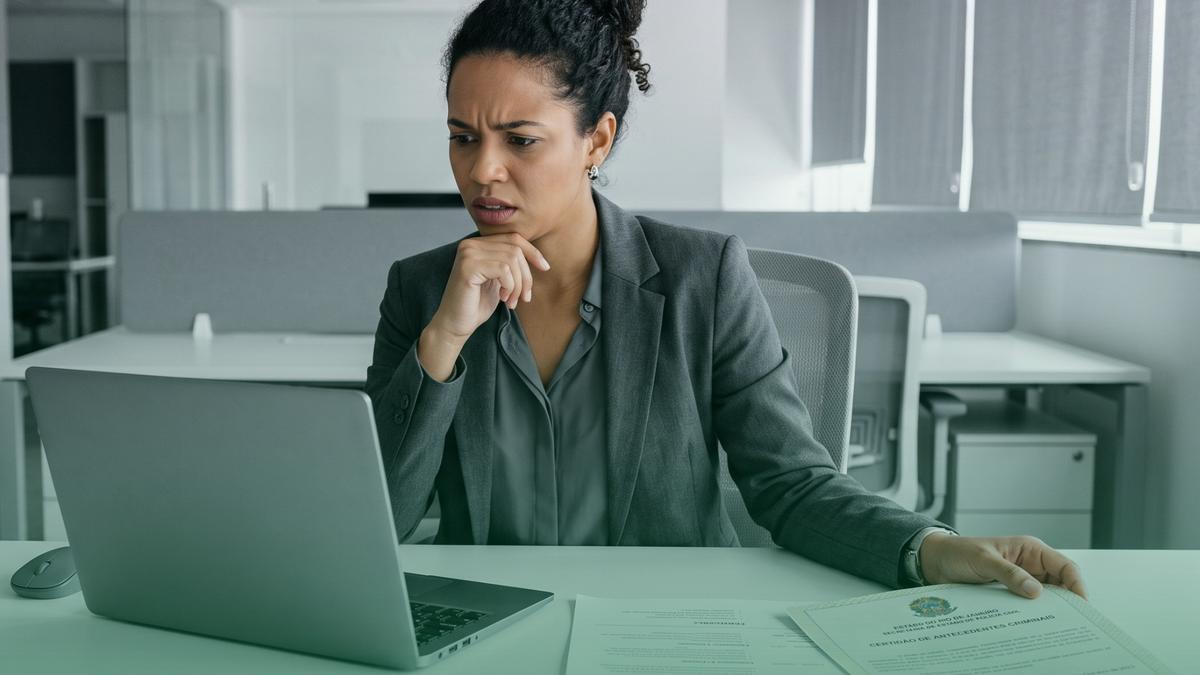 Profissional de RH, sentada em sua mesa em escritório, analisa as mudanças ocorridas nos últimos 9 (nove) anos no mercado de verificações de antecedentes para aplicar o background check e garantir mais segurança na empresa.